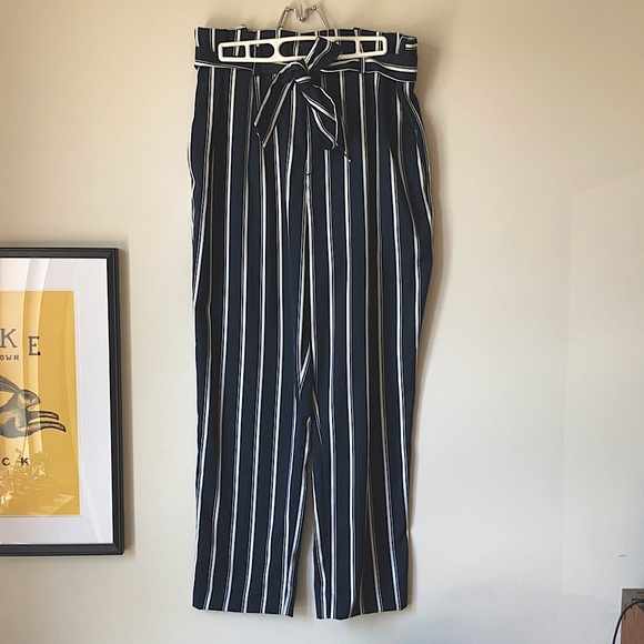 Navy and White Striped Paper Bag Pants - Picture 1 of 4
